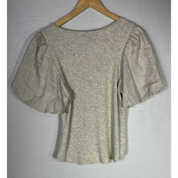 KAREN KANE 100% Linen Short Bell Sleeve Soft Blouse Top Sz M Beige - Picture 3 of 8